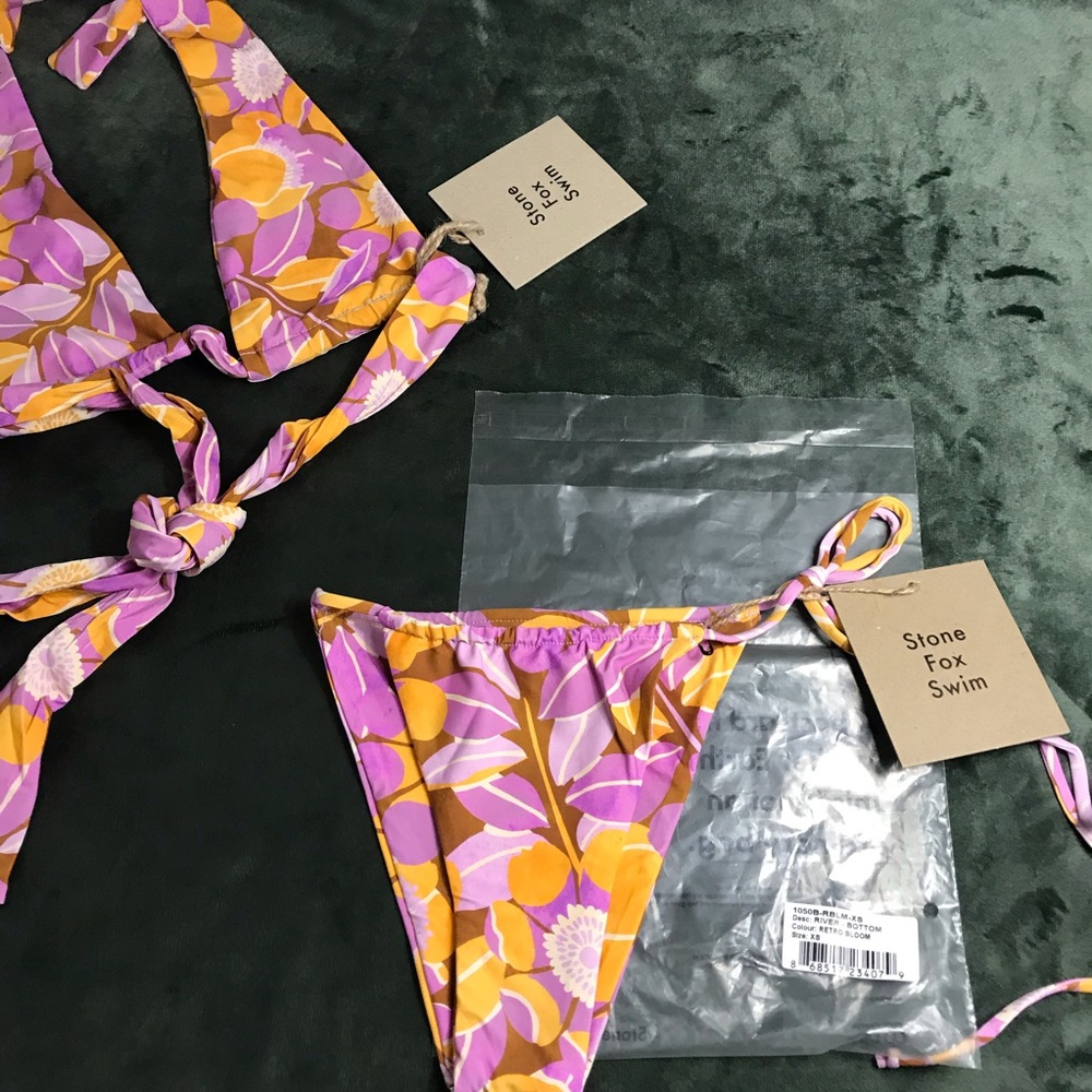 Stone Fox Swim Swimsuit Retro Bloom Print Rico Bikini Top & River Bottom Size XS - Picture 15 of 16